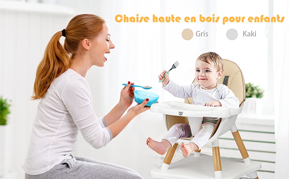 Chaise Haute bébé - Évolutive - Réglable - en Bois - 2 en 1 – 6 mois  jusqu’à 5 ans - gris