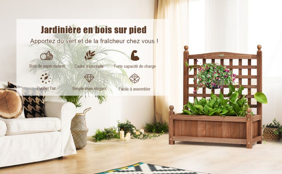 Jardinière à Treillis Bois de Sapin avec 4 Trous de Drainage 90x44,5x180 CM  Bac à Fleurs Extérieur pour Plantes Grimpantes - Costway