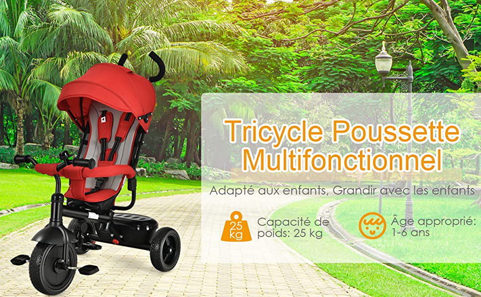 Costway tricycle evolutif 5-en-1 avec putter pour enfants 2-4 ans, pédale  et roue arrière amovible, siège et poignée réglables bleu - Conforama