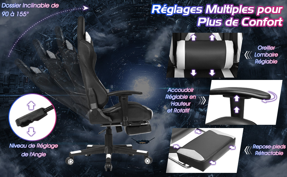 Siege Gaming Repose Pied Grand Angle Inclinable À 145° Chaise Gaming,  Décoration De Broderie De