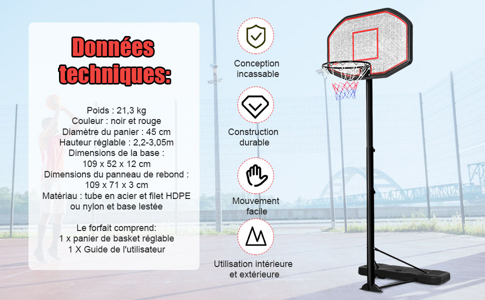 Panier de Basket GIANTEX sur Pied Hauteur Réglable 220-305CM