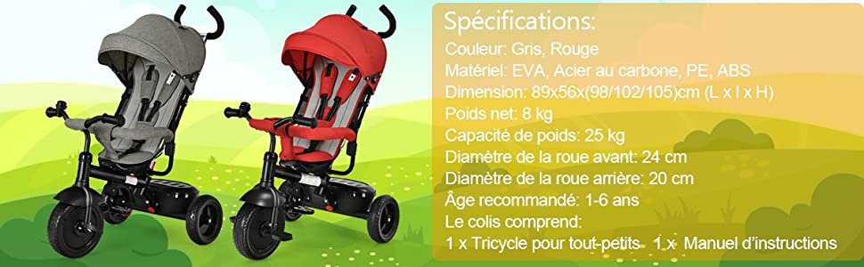 Tricycle Enfant/Bébé Evolutif avec Auvent Pliable et Arceau de Sécurité  Roues Silencieuses Vert/Rouge - Costway