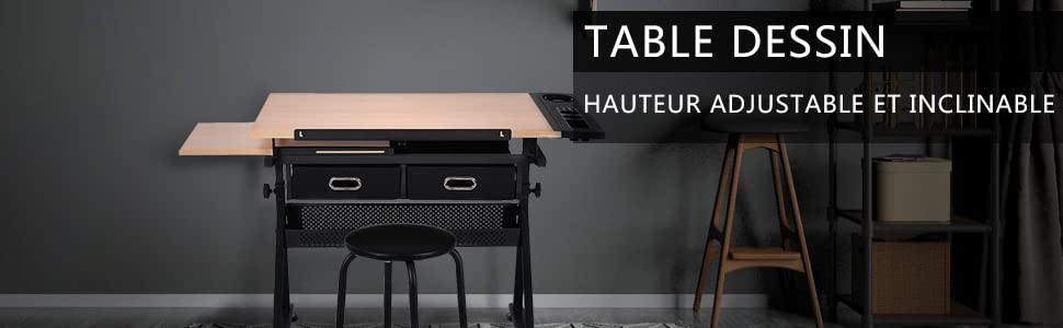 Table à dessin inclinable, Tabouret, 2 Tiroirs, Hauteur Réglable