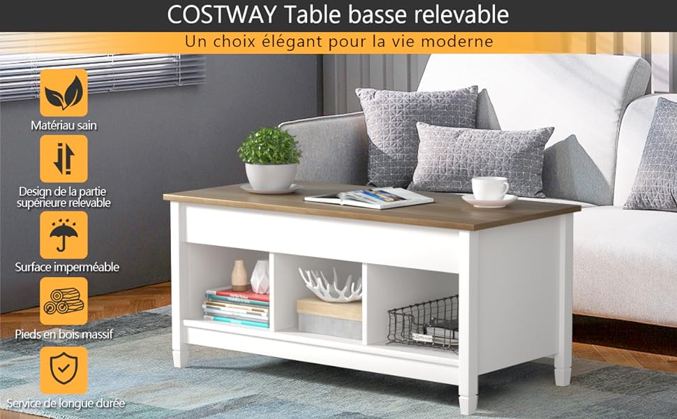 Table Basse avec Plateau Relevable 3 Compartiments Ouverts pour Rangement  Polyvalents pour Salon Bureau Blanc - Costway