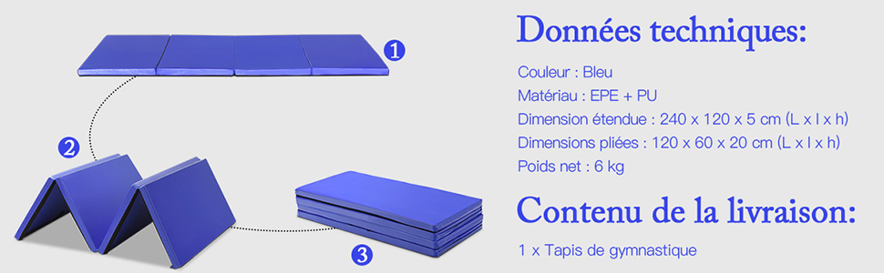 Tapis de gymnastique pliable Tapis portable pour Fitness, Yoga, Sport,  Exercice, en EPE et PU, 240x120x5cm, Bleu - Costway