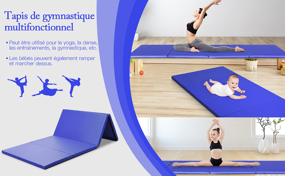 Tapis d'Exercice Pliable en 3 Parties Tapis de Gymnastique Antidérapant  avec 2 Poignées Tapis de Chute de Yoga Intérieure & Extérieure Violet -  Costway