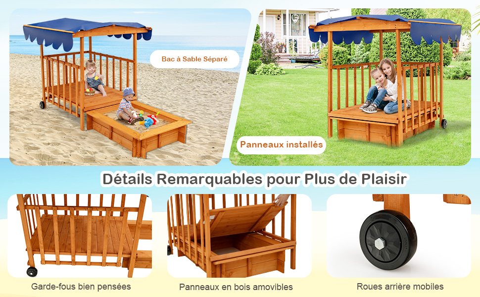OUTSUNNY Bac à sable carré en bois pour enfant dim. 106L x 106l cm avec  bancs et couvercle - auvent réglable pas cher 