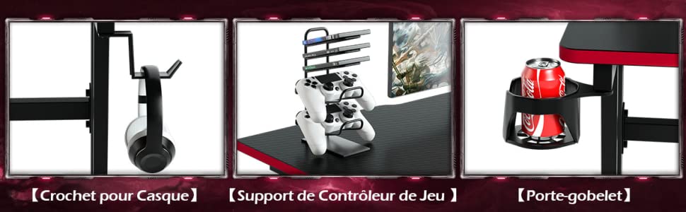 Bureau Gamer Professionnel 120x60x97 CM avec Porte-gobelet, Crochet pour  Casque, Support pour Poignée, Support pour Moniteur