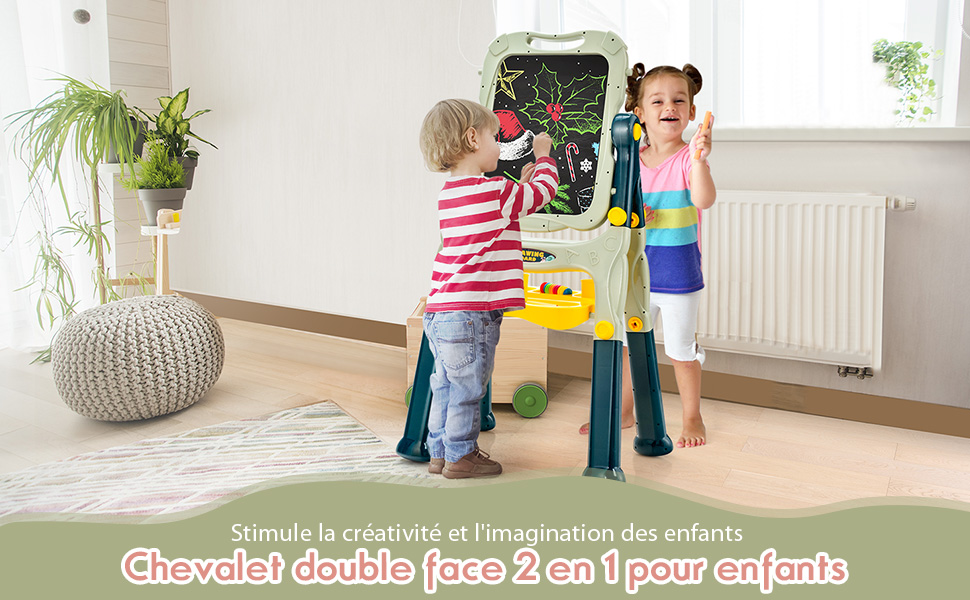 2en1 Tableau Magnétique Enfant Double Face avec Tabouret Etagère de Livres  Hauteur Réglable Gris+Blanc - Costway
