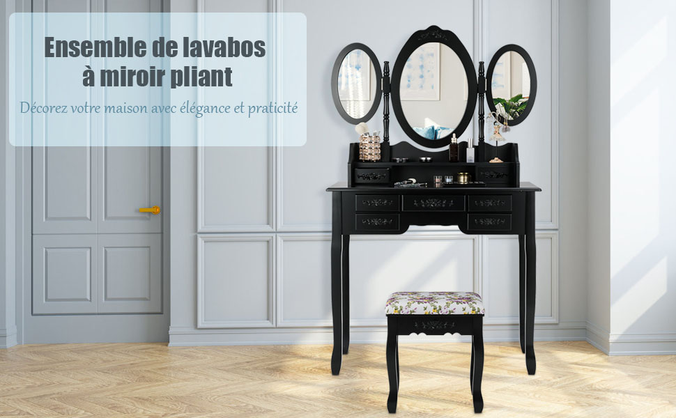 Coiffeuse Table de Maquillage avec 1 Miroir Tactile à LED Choix d'Eclairage  3 Couleurs de Style Industriel Marron - Costway