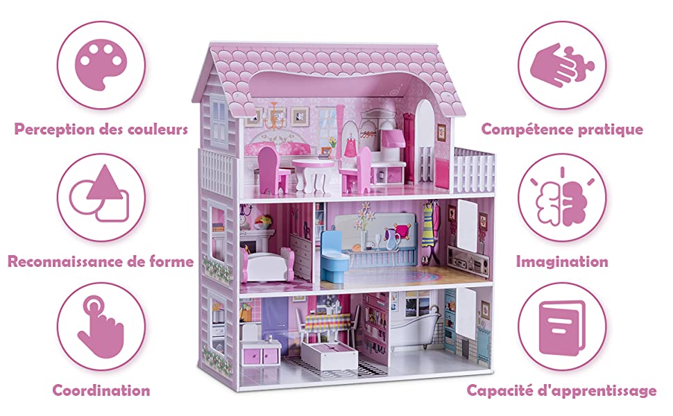 Maison de poupée en bois rose et noire avec son et lumière