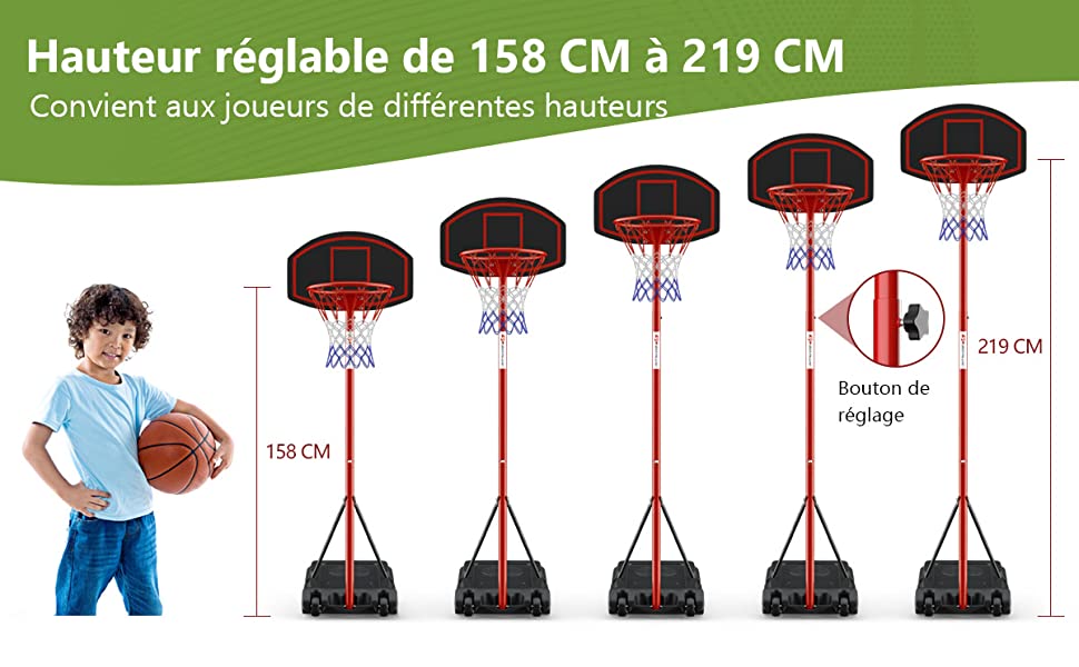 COSTWAY Panier de Basket sur Pied-Hauteur Réglable 178-208cm-Base de  Lestage sur Roulettes en