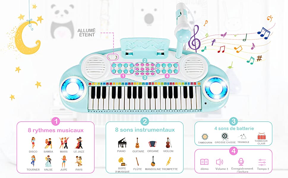 Clavier electronique piano pour enfants 37 touches-4 effets de percussion-8  instruments,microphone, lumière 18 mois + bleu - Conforama
