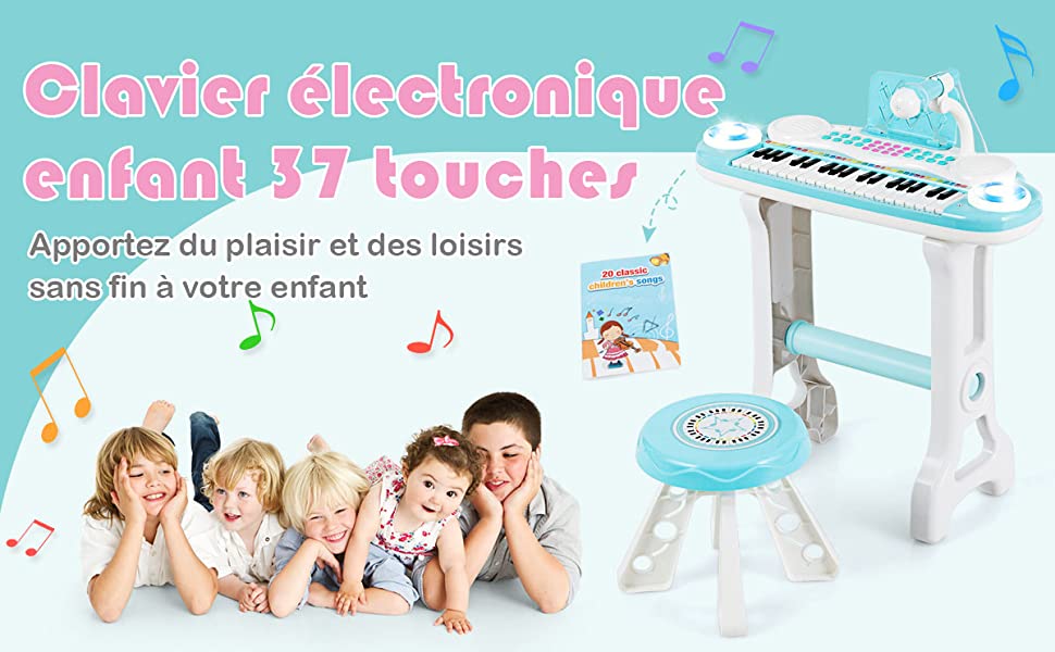 Clavier de Piano Electronique à 37 Touches pour enfants avec Tabouret et  Microphone Bleu - Costway