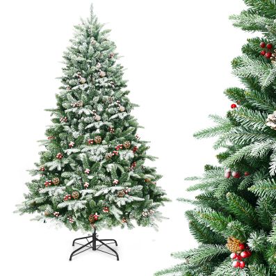 Sapin de Noël Artificiel Enneigé Longiligne 210cm en PVC avec Pommes de Pin  Blanches 1108 Branches et Pied en Fer Résistant - Costway