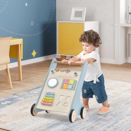 Poussette en Bois 6 en 1 pour Bébé Centre d'Activités d'Apprentissage  Cuisine de Jeu Horloge Pédagogique Curseur Mobile et Assorti Vert - Costway