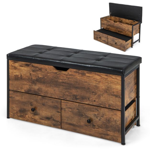 SIRHONA Banc de rangement brune avec tiroirs et coussin d'assise rembourré,  banc d'entrée, meuble à chaussures, brune mat, L94.5xP30xH57cm