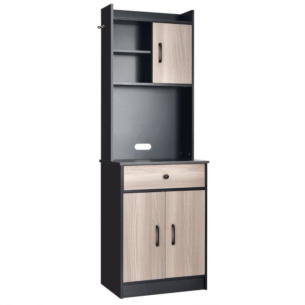 Buffet haut - armoire de cuisine multi-rangement - 3 portes, 4 niches,  tiroir - piètement métal noir panneaux particules aspect bois clair