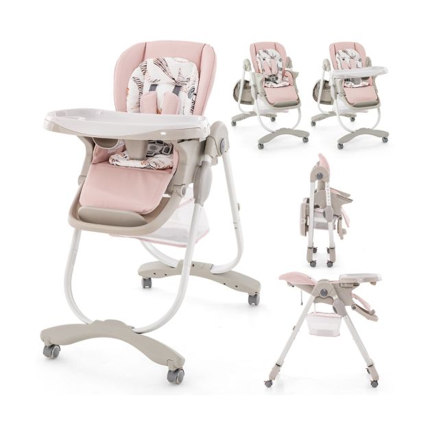 Chaise haute bébé pliable avec hauteur réglable,ouble plateau amovible pour  tout-petits de 6-36 mois-beige