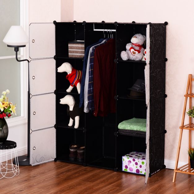 Armoire Modulable de Chambre avec Penderie pour Enfants Étagère Plastique  Modulable 12 Cubes Cadre métal Noir et Blanc avec Marteau - Costway