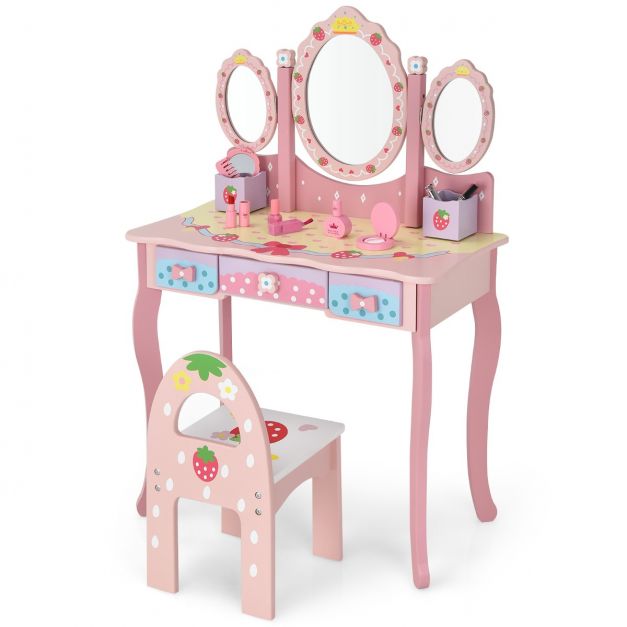Costzon Ensemble coiffeuse et chaises, coiffeuse princesse 2 en 1 avec  dessus amovible, miroir à trois volets, tiroirs et accessoires, ensemble de