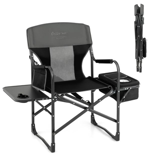 Chaise de Camping Pliante avec Table Latérale et Sac Isotherme Charge 180KG  Sac de Rangement Sangle Portable Noir - Costway