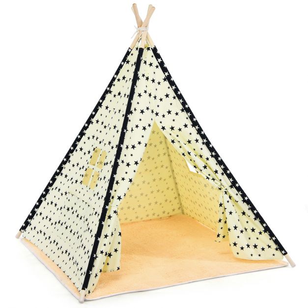 Tente Tipi pour Enfants en Toile de Coton avec Fenêtre Poches Latérales  Tapis de Sol et Perches en Bois 120x120x150 cm - Costway