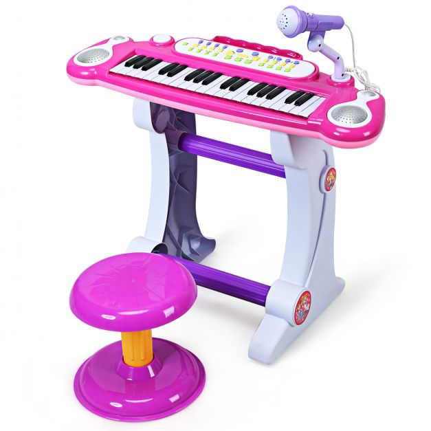 Clavier de Piano Electronique à 37 Touches pour Enfants avec Tabouret et  Microphone Rose