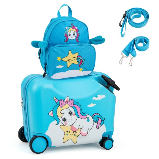 Valise chariot bleue avec trottinette pour enfant