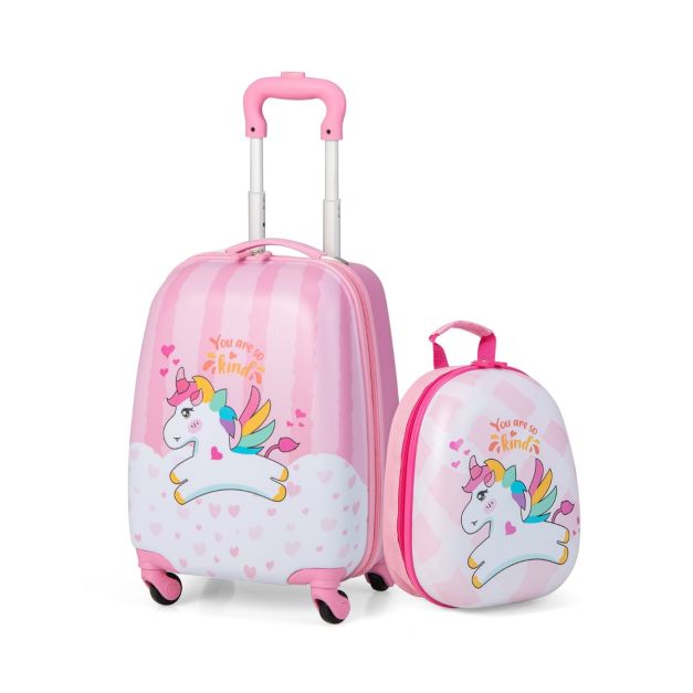 Costway ensemble lot de 2 valises enfant rigides, valise enfant 18 pouce &  sac à dos enfant 12 pouce, trolley à roulettes abs pour enfant, valise de  voyage bagage cabine bleu rose