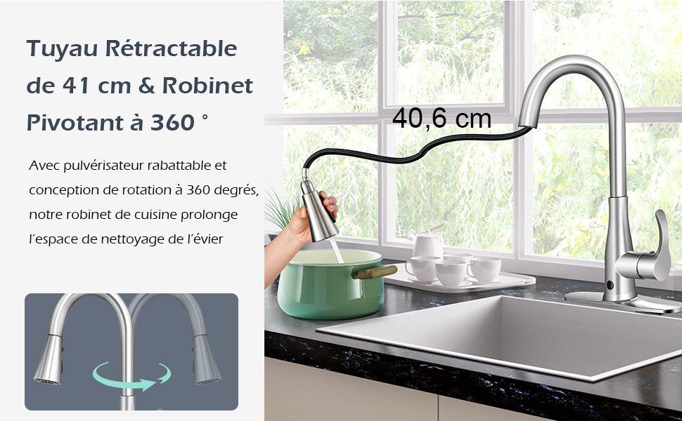 Douchette Robinet Cuisine 360° Rotatif chromée FM22/M24 - 3 Modes +  Flexible