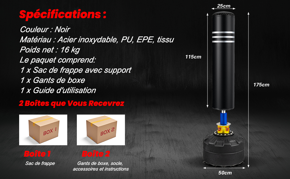 Support de Sac de Frappe Pliable en Acier - 68 kg de Charge - Hauteur  Réglable 182-230 cm - Autoportant & Base