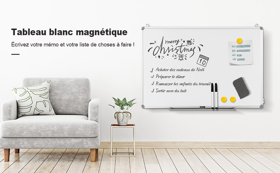 Tableau Blanc Magnétique avec Cadre en Aluminium et Porte-Marqueurs 60x40 cm