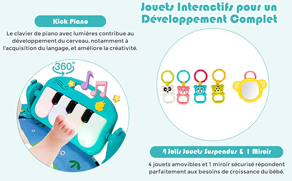 Tapis d'éveil Giantex tapis d'éveil musical pour bébé, tapis de jeu  pour bébé avec piano pivotant, musique et lumière, bleu