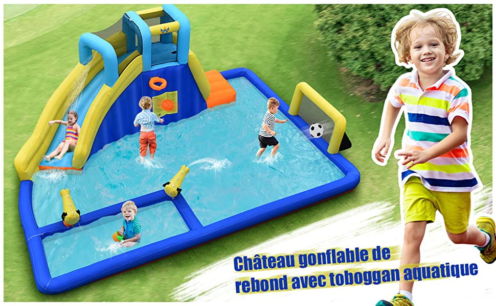 Château Gonflable avec Toboggan pour Enfant de 3 à 10 Ans Filet Protecteur  en Tissu Oxford, 380x305x215cm, Multicolore - Costway