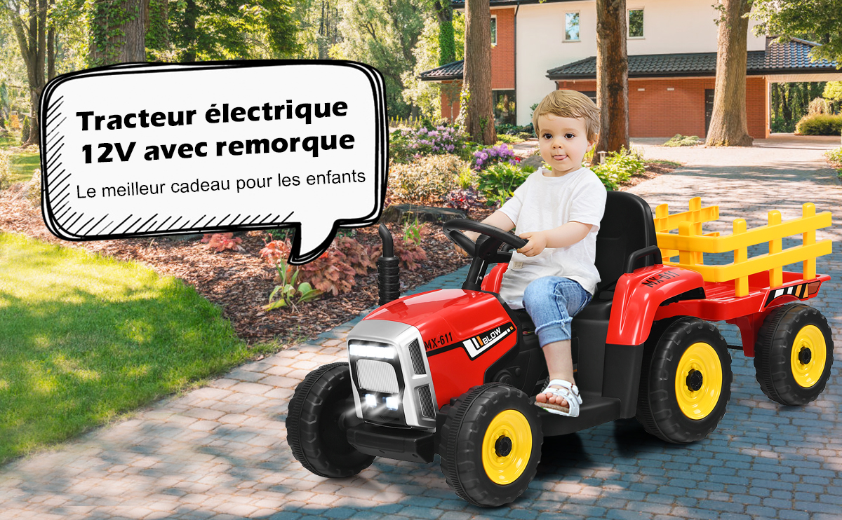 Tracteur Electrique avec Remorque pour Enfants 3 Vitesses Lumières