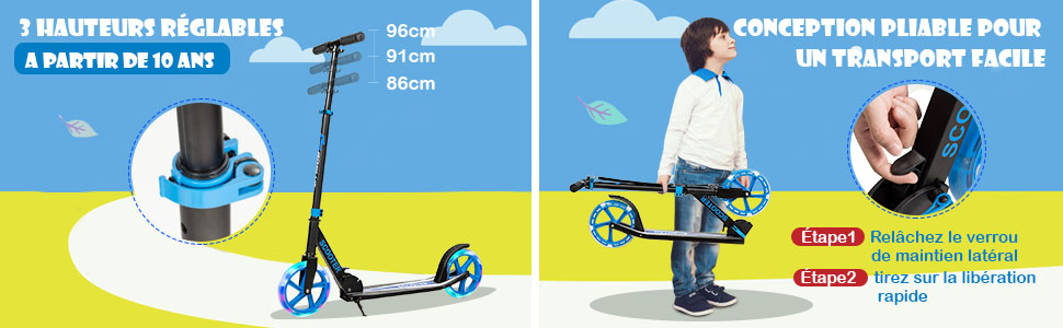 Trottinette Sport avec Plateau en Aluminium Poignée Ajustable pour les  Enfants de 10 ans et plus Bleu - Costway