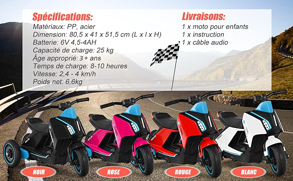 Moto Scooter Electrique 6V pour Enfants 3 Roues Fonction : MP3, USB, SD  Lumineux et Sonore Charge max. 25KG 3-8 Ans Rouge/Bleu/Rose - Costway